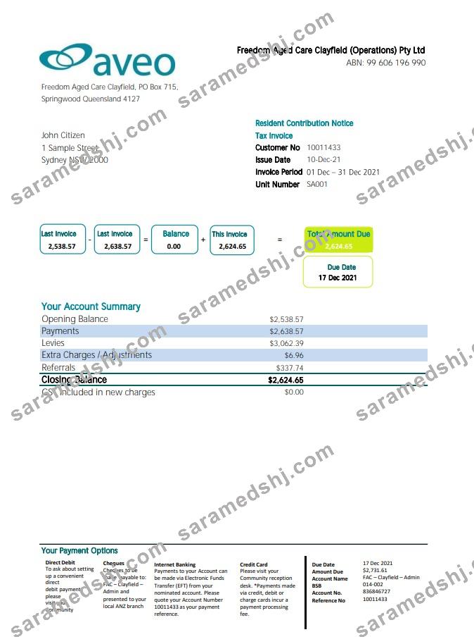 Australia Aveo bank statement template in .xls and .pdf file format